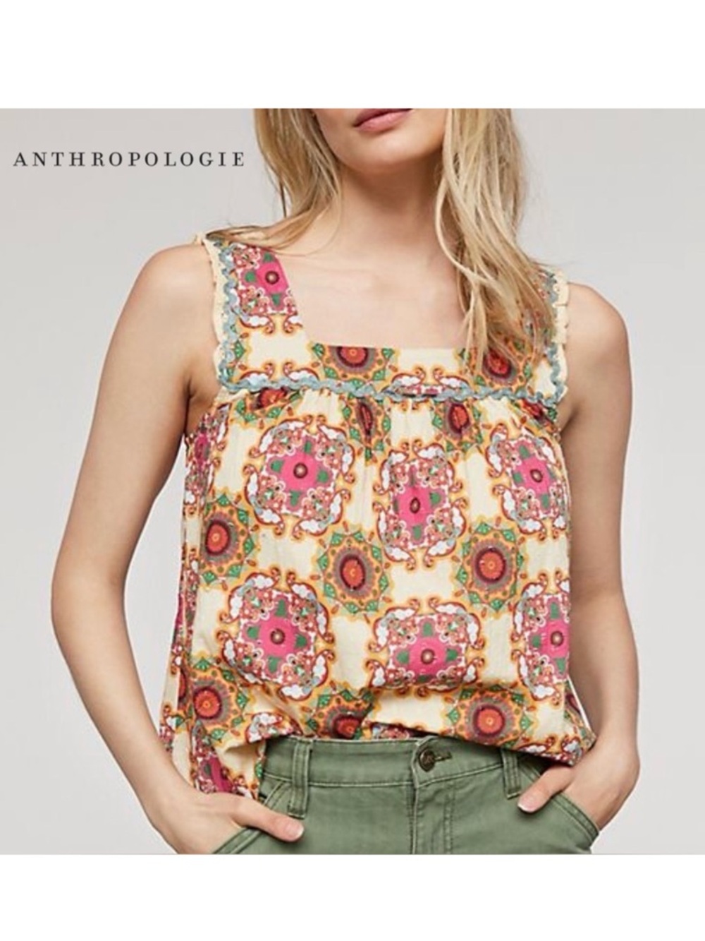Anthropologie Let Me Be Cotton Abstract Ruffled Boho Tank Top